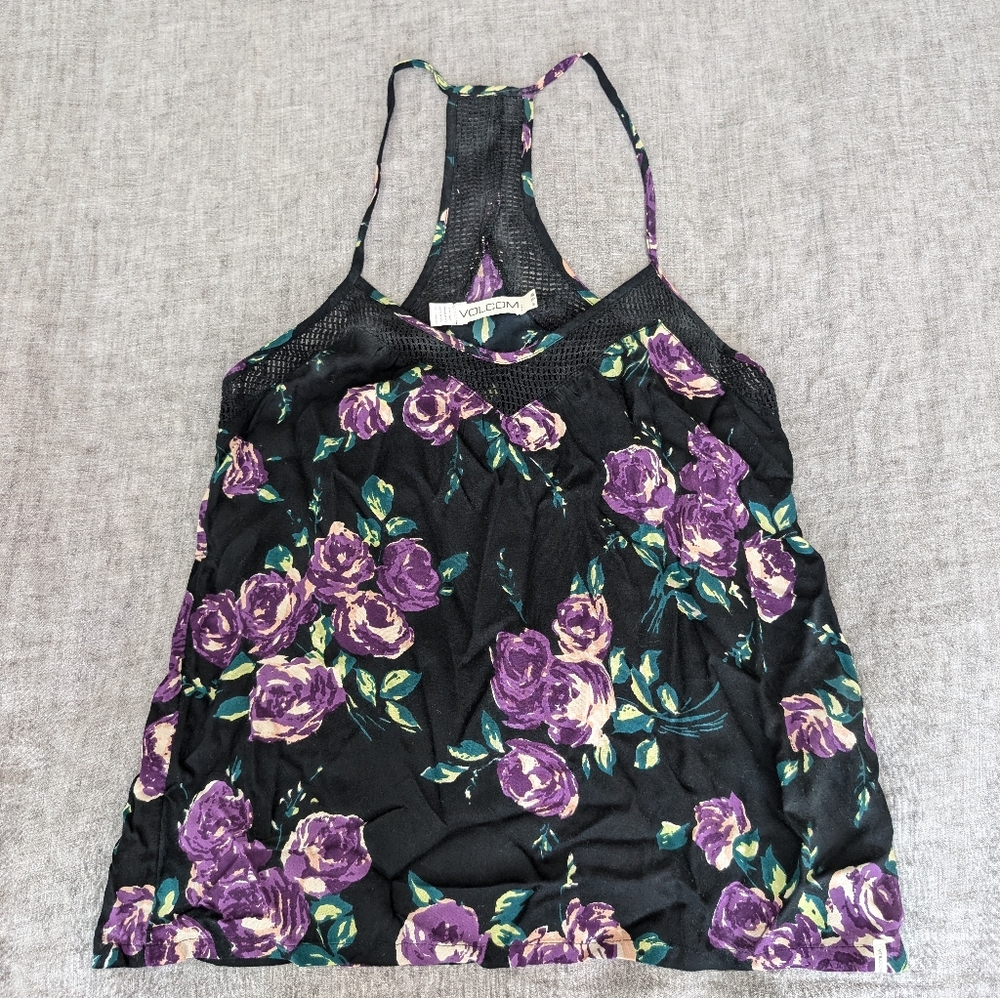 Volcom Defiant One Racerback Tank Top Black Purple Floral Size XS NWT